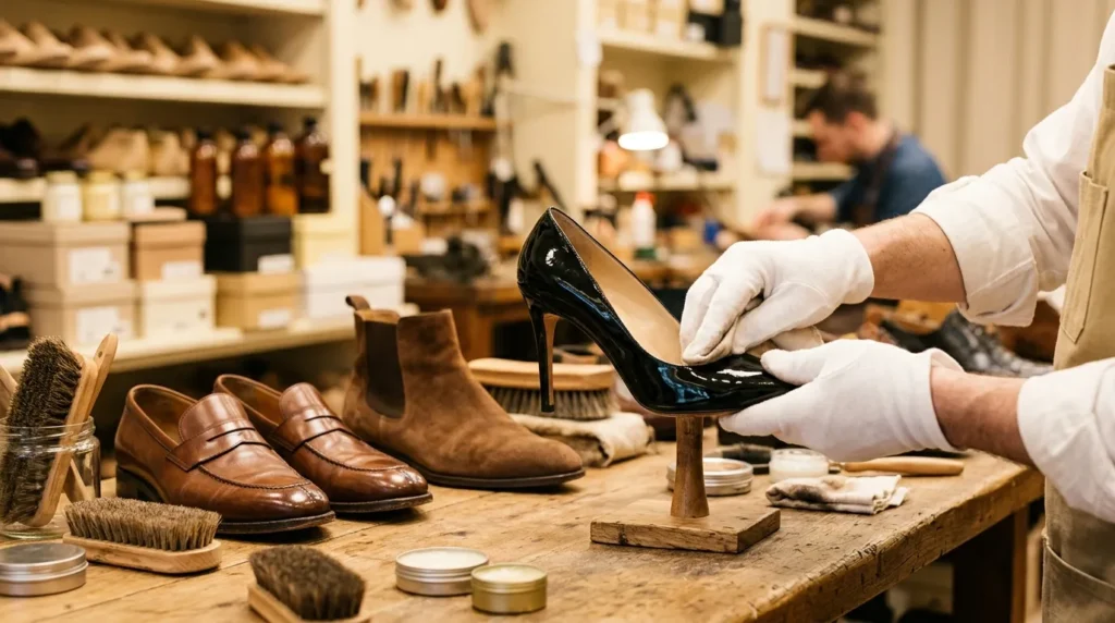 Restauração de sapatos de grife: artesão polindo scarpin de verniz