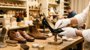 Restauração de sapatos de grife: artesão polindo scarpin de verniz