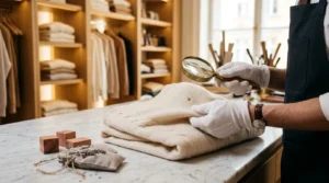 Traça na roupa: furo em suéter de cashmere avaliado com lupa